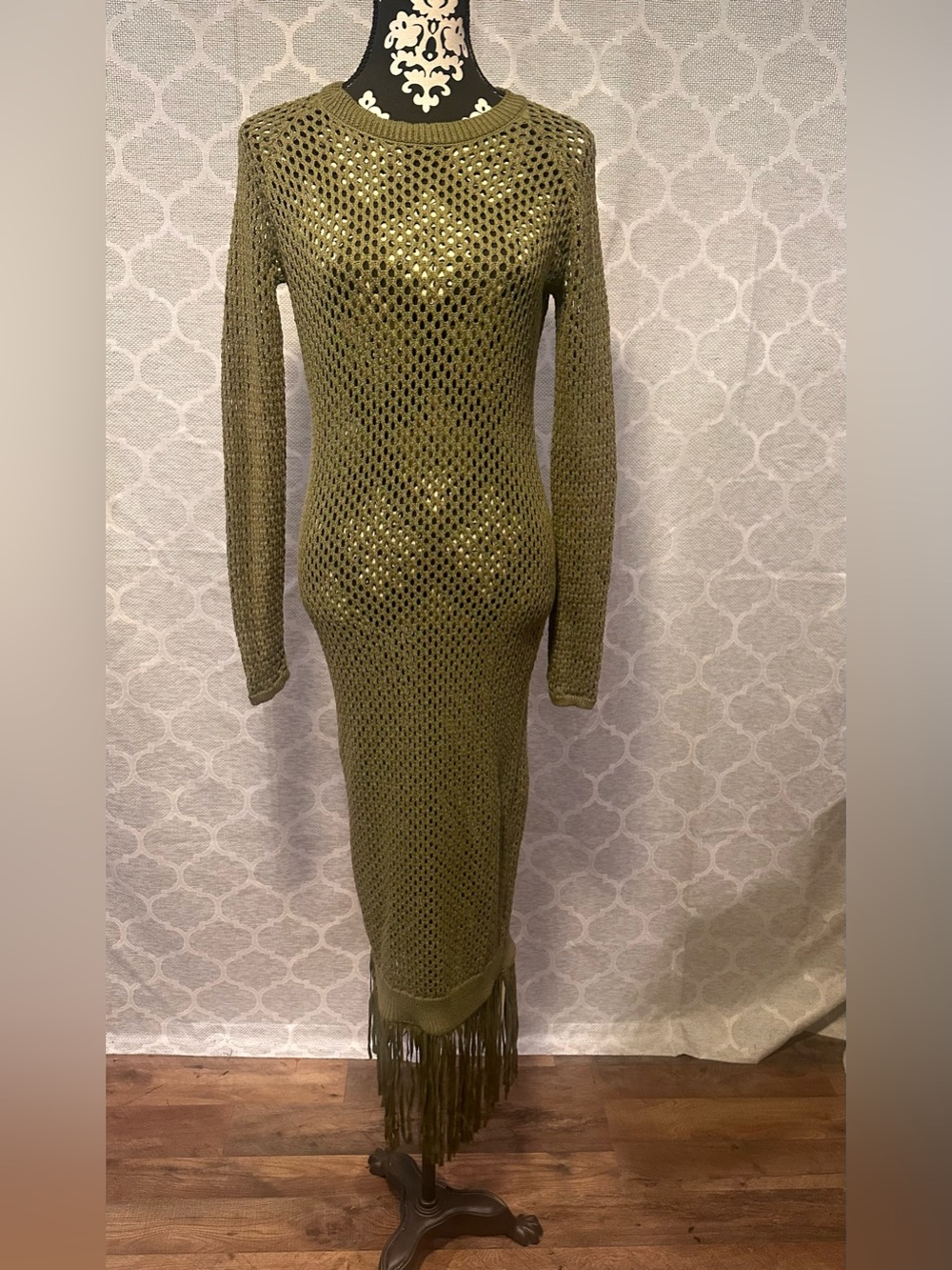 YOHERS NWT Olive Green Openknit/Crochet Fringe Long-Sleeve bodycon Dress Sz L